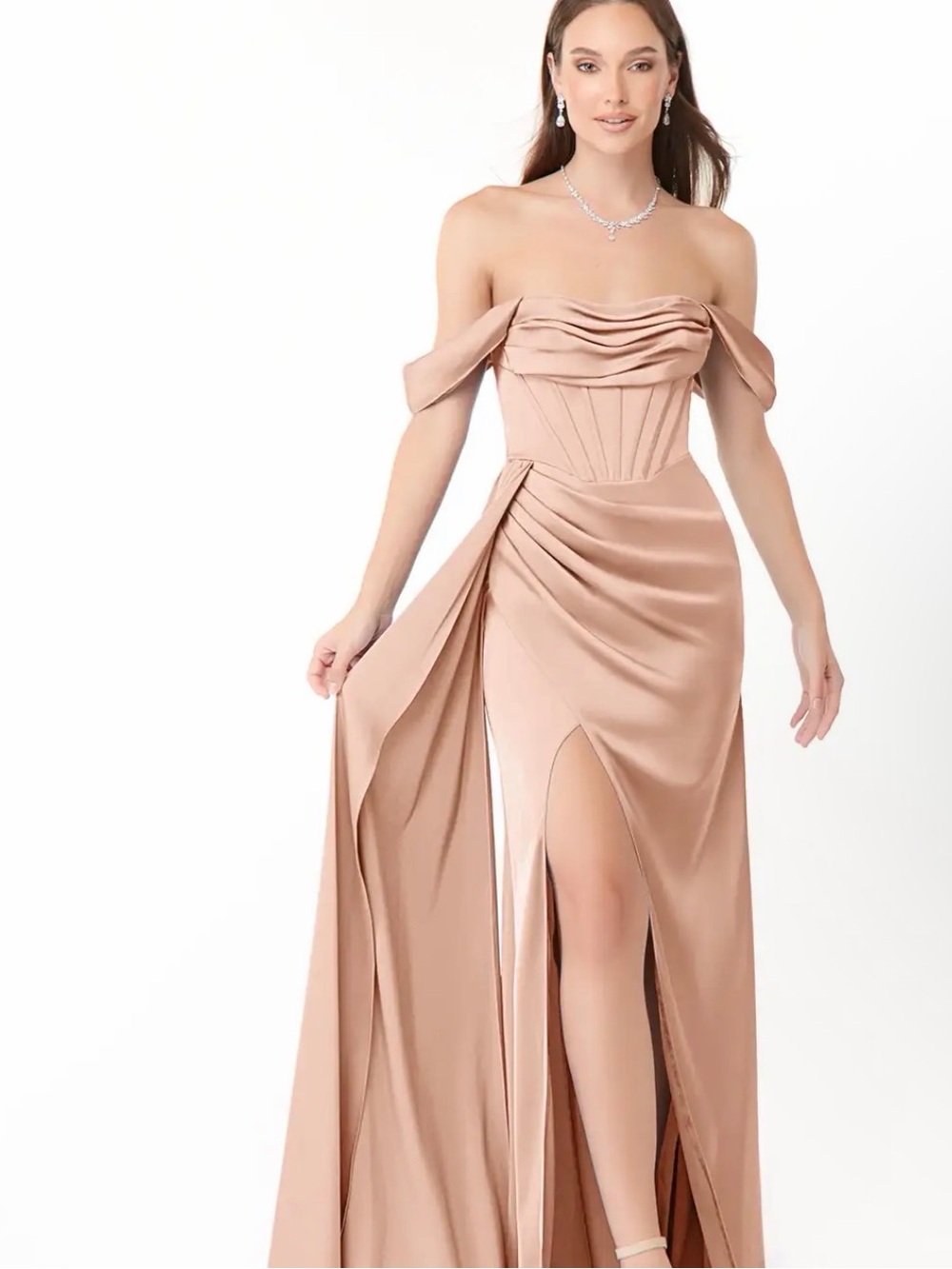 Off-Shoulder Taupe Evening Gown with Draped Bodice